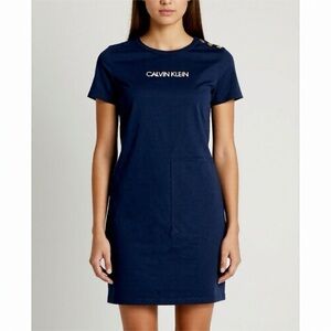 Calvin Klein Size Small Medium TShirt Dress Navy Blue Stretch Crew Short Sleeve